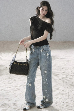 Starry Appliqué Denim Pants