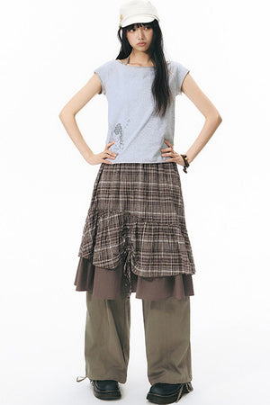 Starwii Printed Asymmetrical Shoulder Frayed Neckline T-Shirt