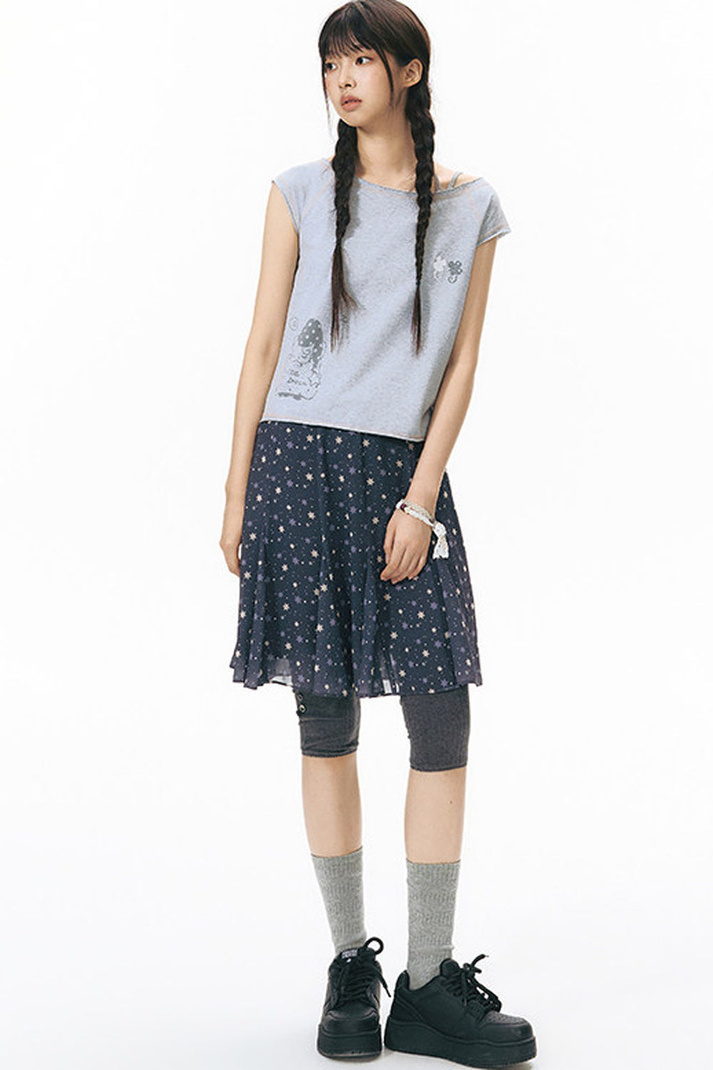 Starwii Printed Asymmetrical Shoulder Frayed Neckline T-Shirt