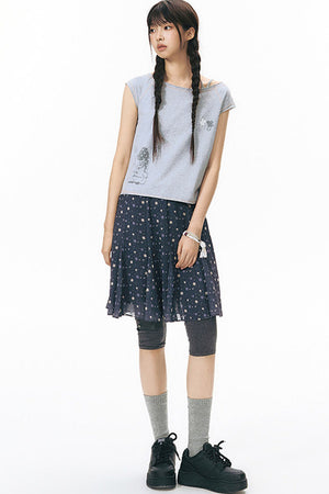 Starwii Printed Asymmetrical Shoulder Frayed Neckline T-Shirt