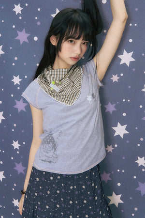Starwii Printed Asymmetrical Shoulder Frayed Neckline T-Shirt