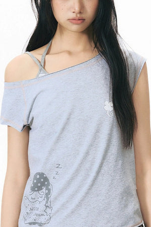 Starwii Printed Asymmetrical Shoulder Frayed Neckline T-Shirt