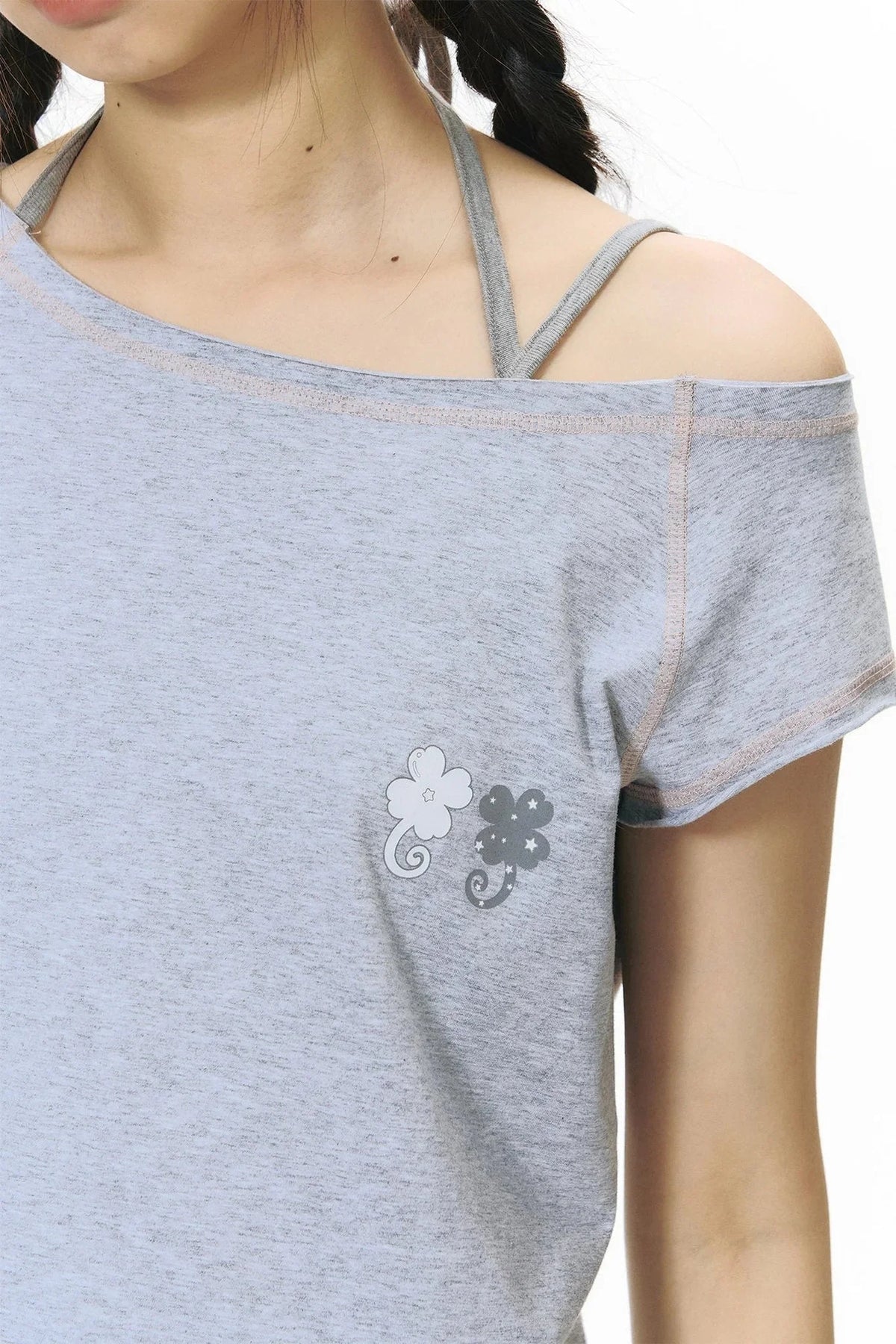Starwii Printed Asymmetrical Shoulder Frayed Neckline T-Shirt