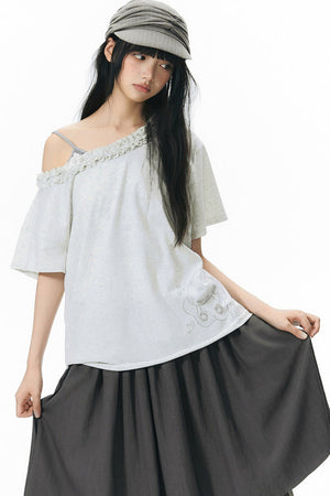 Starwii Printed Ruffled Asymmetrical Shoulder T-Shirt