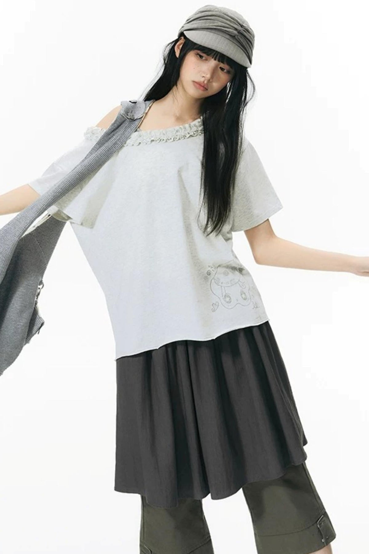 Starwii Printed Ruffled Asymmetrical Shoulder T-Shirt