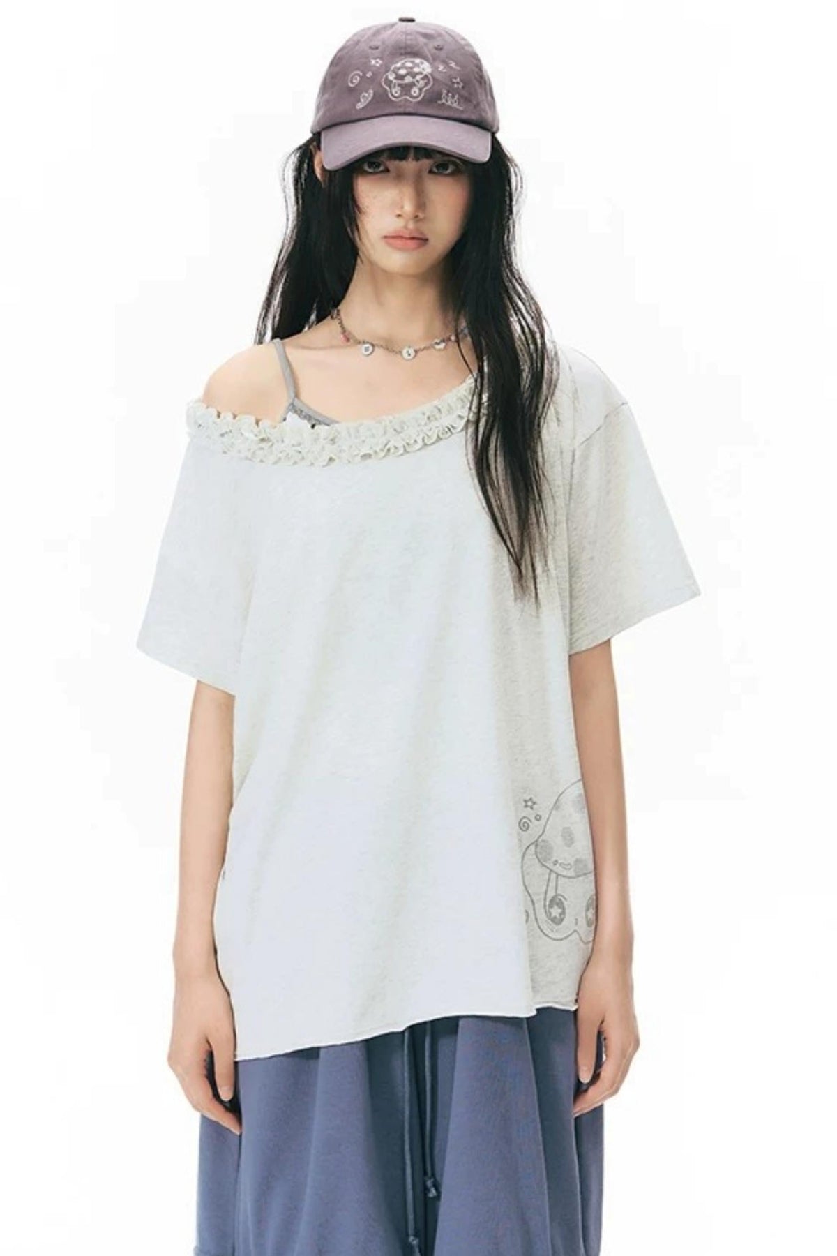 Starwii Printed Ruffled Asymmetrical Shoulder T-Shirt