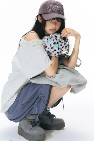 Starwii Printed Ruffled Asymmetrical Shoulder T-Shirt