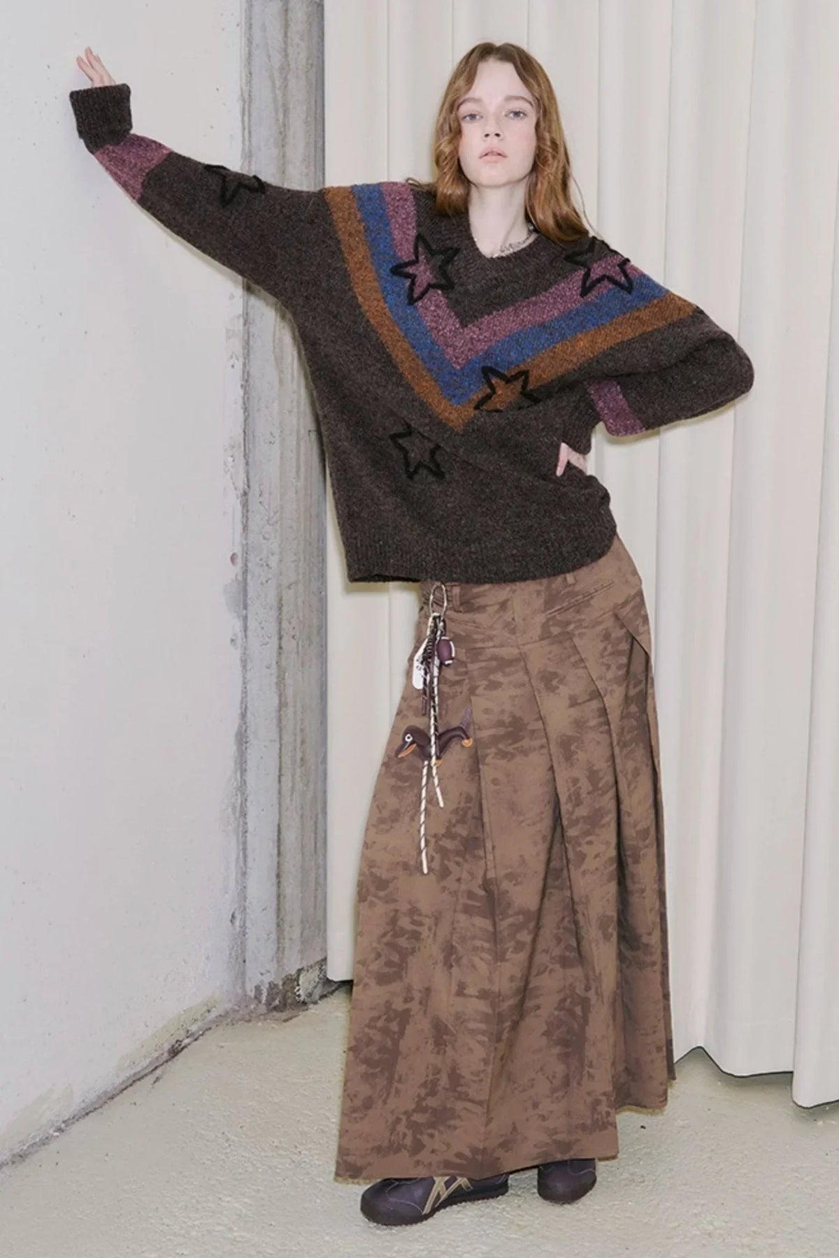 Stitched Pleated Layered Long Skirt