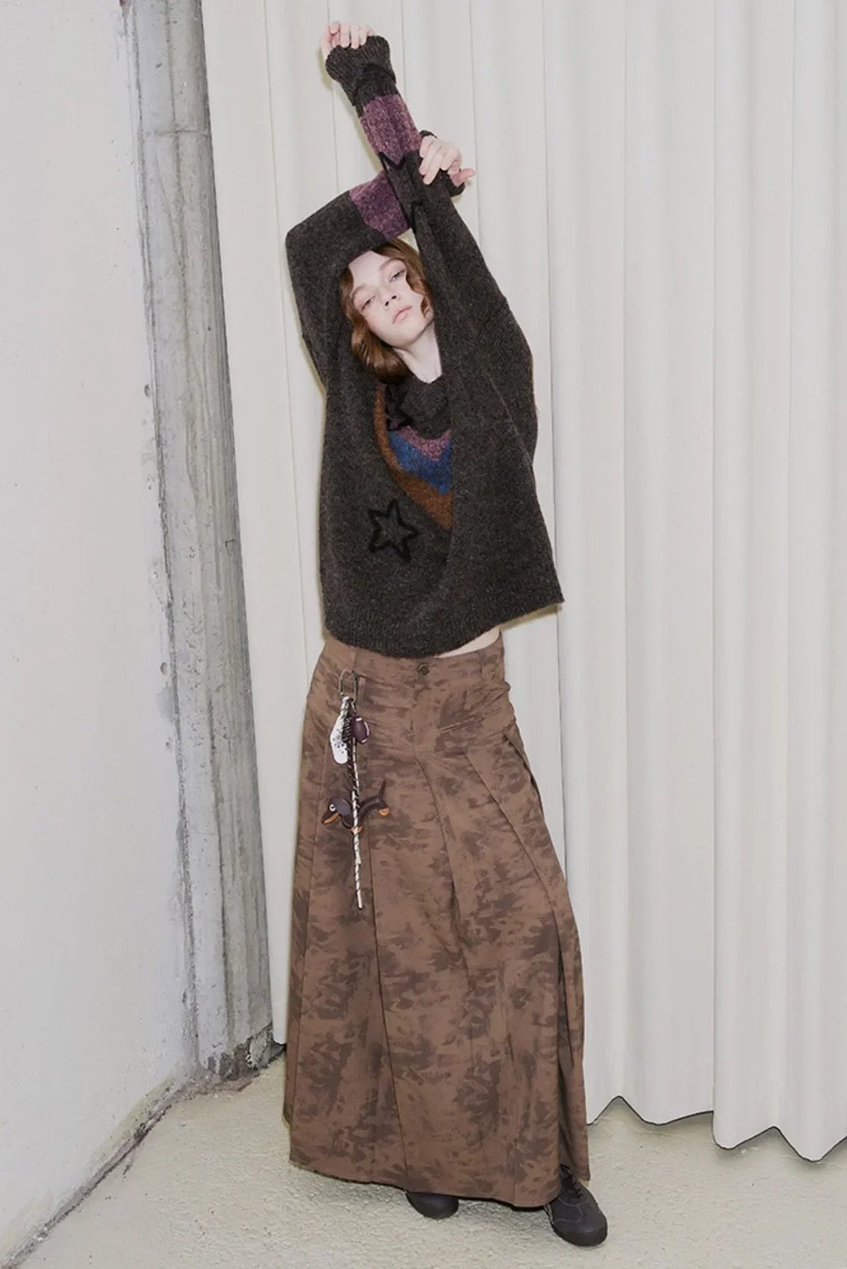 Stitched Pleated Layered Long Skirt