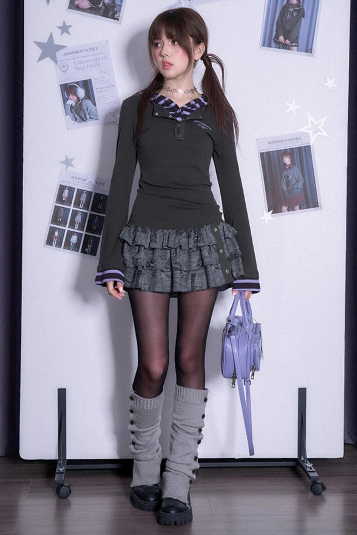 Stitching Hooded Tops & Skirt Set-Up