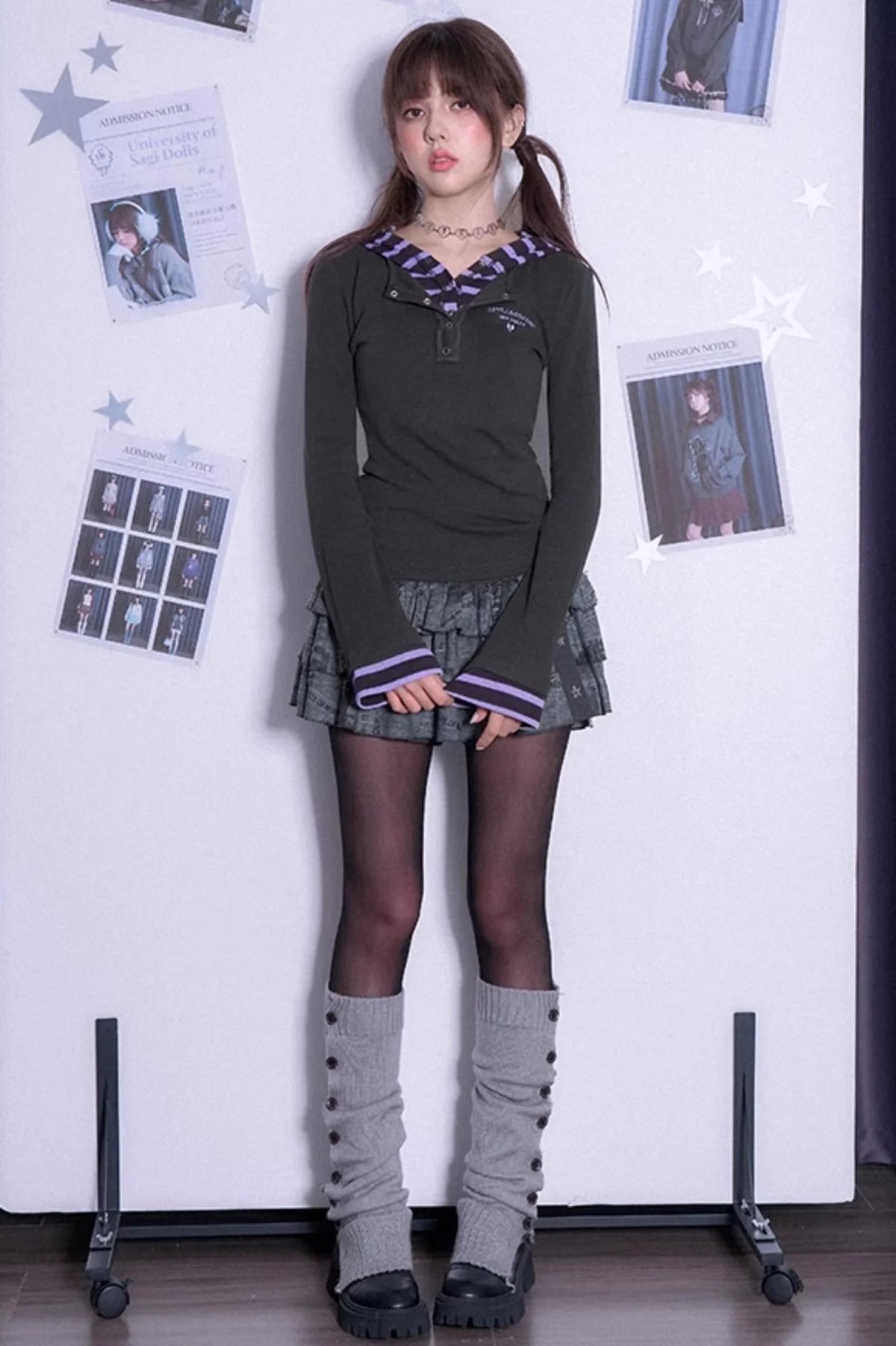 Stitching Hooded Tops & Skirt Set-Up
