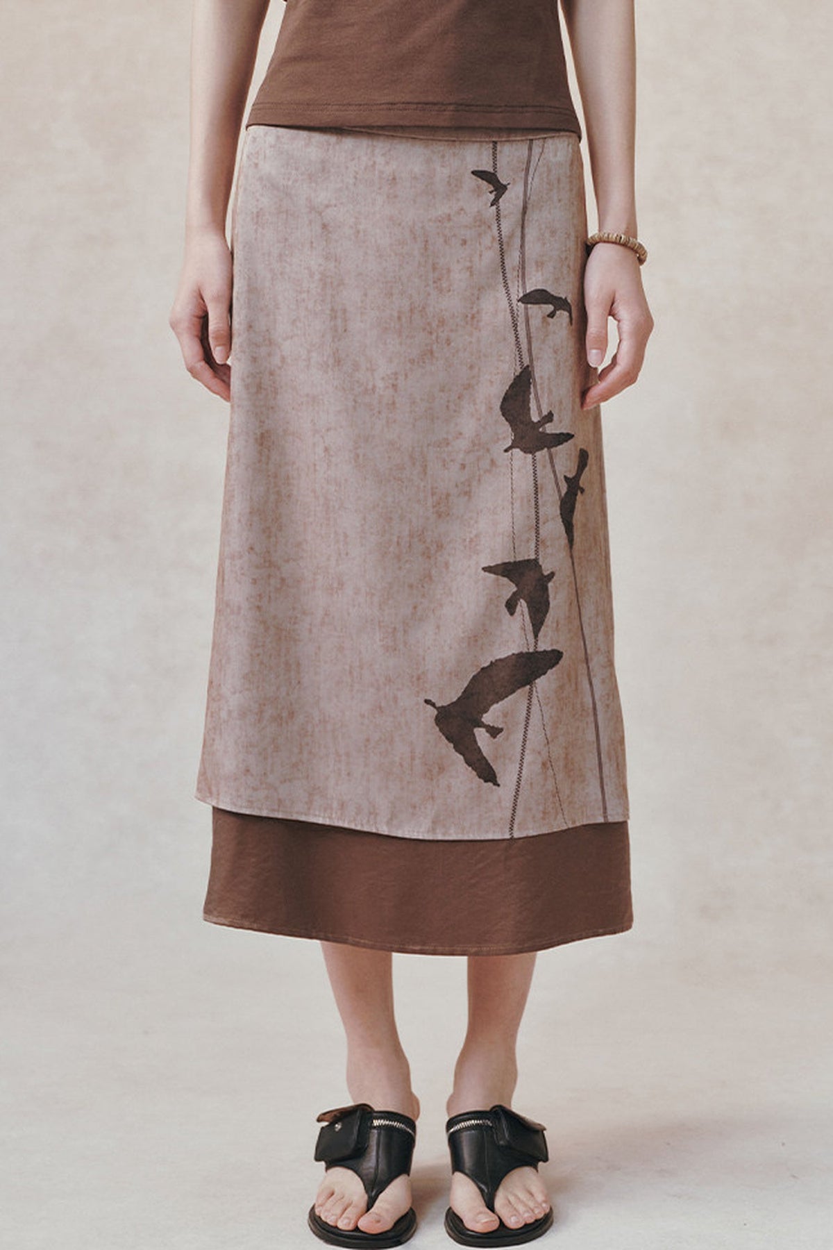 Straight Color-Block Bird Line Print Skirt