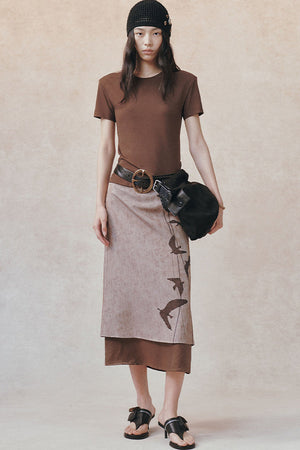 Straight Color-Block Bird Line Print Skirt