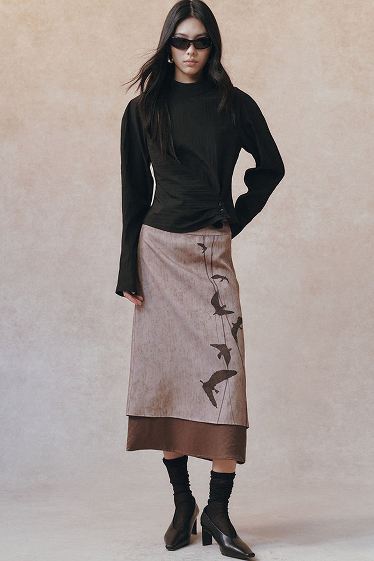 Straight Color-Block Bird Line Print Skirt