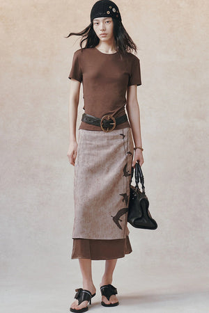 Straight Color-Block Bird Line Print Skirt