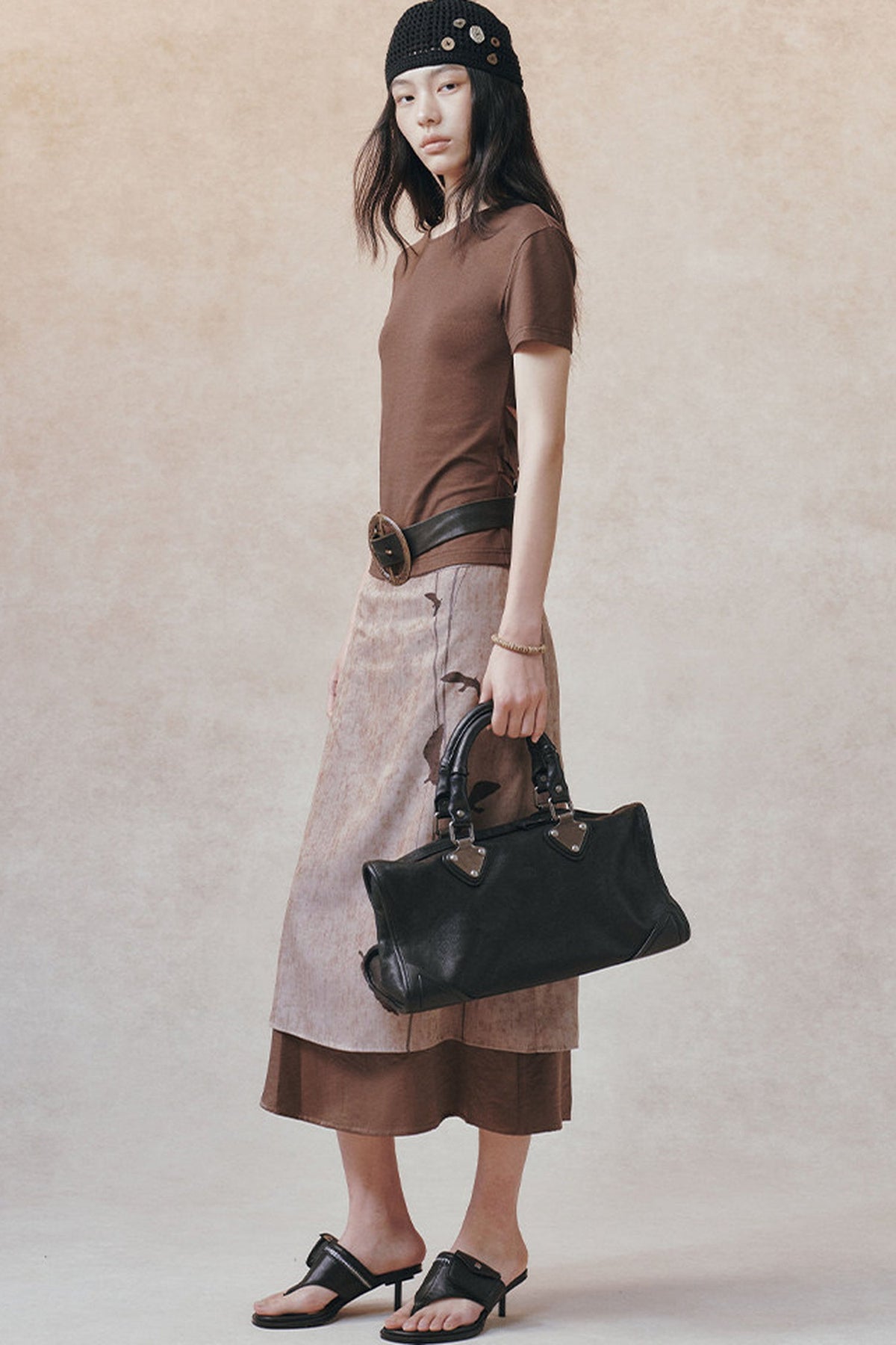 Straight Color-Block Bird Line Print Skirt