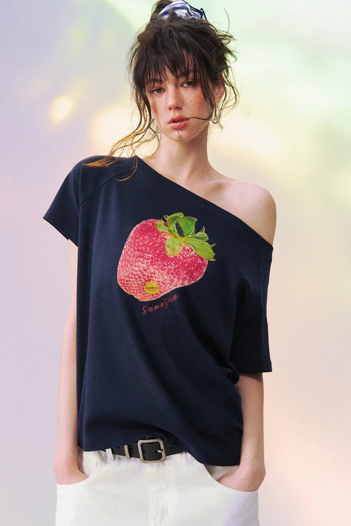 Strawberry Print One-Shoulder Blouse