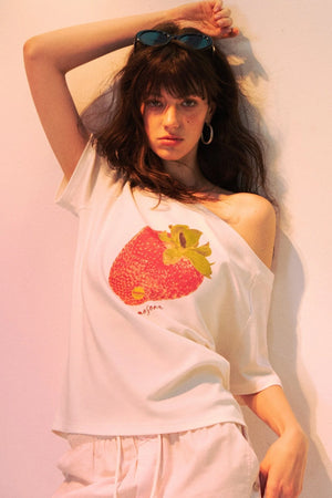 Strawberry Print One-Shoulder Blouse