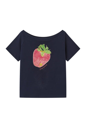 Strawberry Print One-Shoulder Blouse