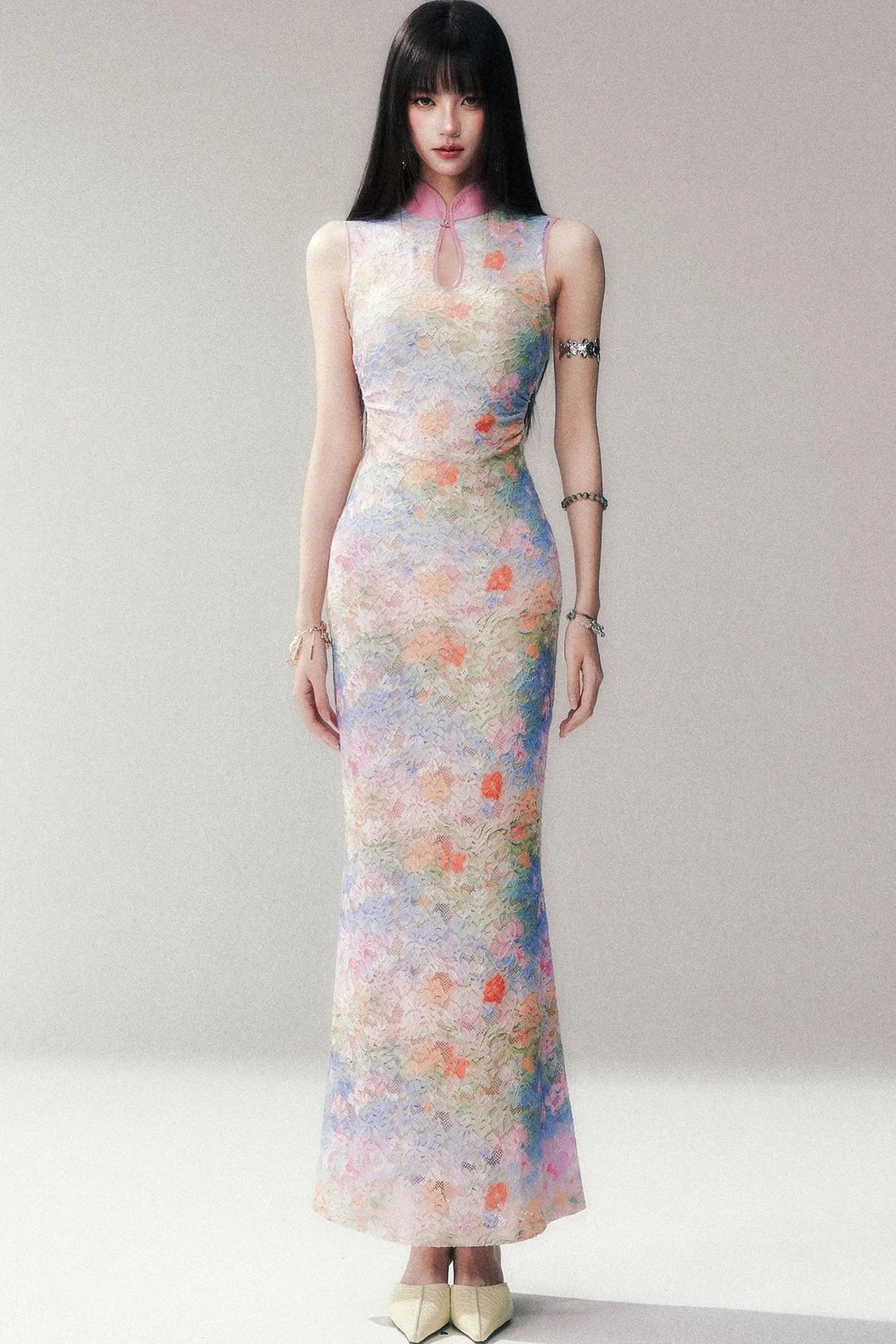 Stretch Lace Sleeveless Cheongsam Dress