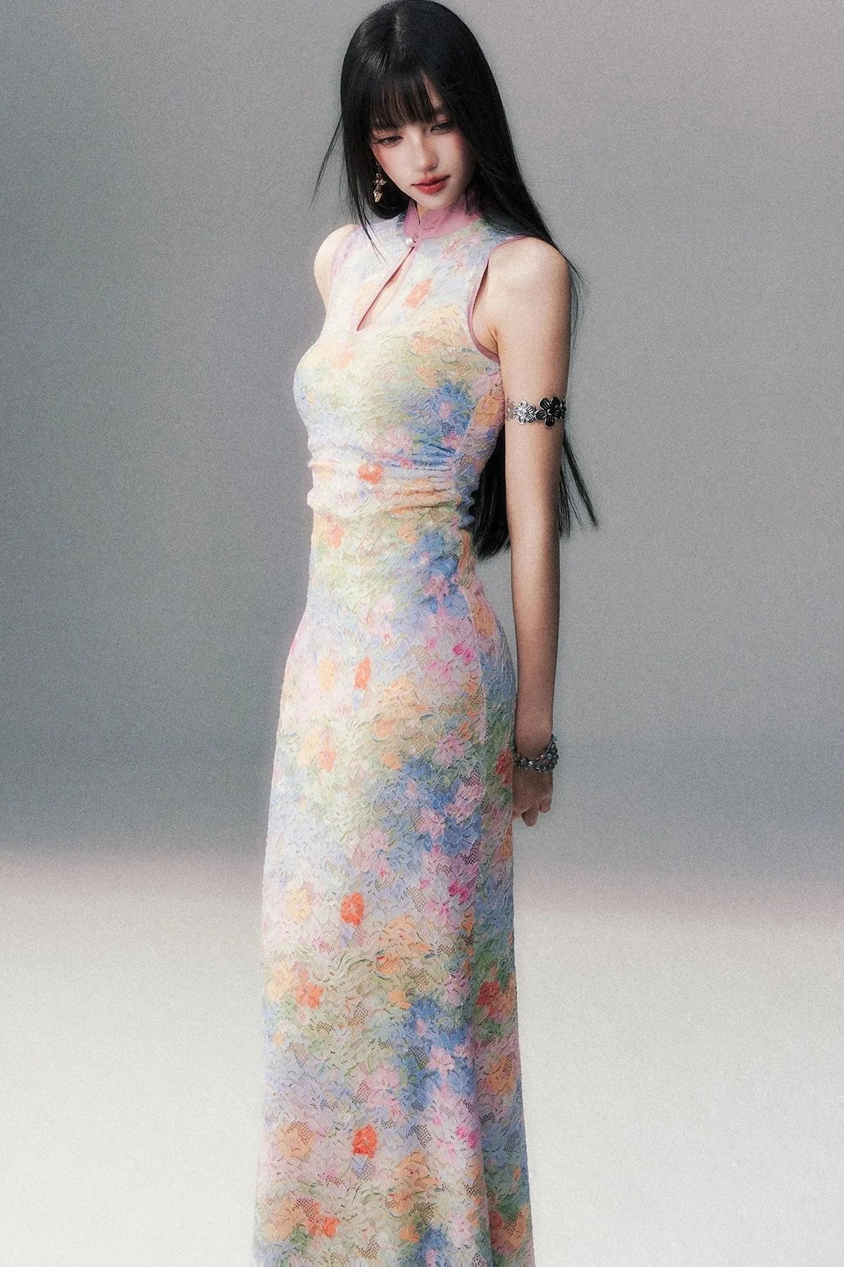 Stretch Lace Sleeveless Cheongsam Dress