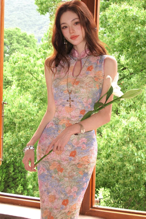Stretch Lace Sleeveless Cheongsam Dress
