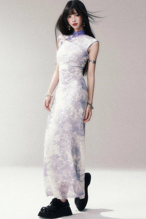 Stretch Mesh Printed Cheongsam Dress