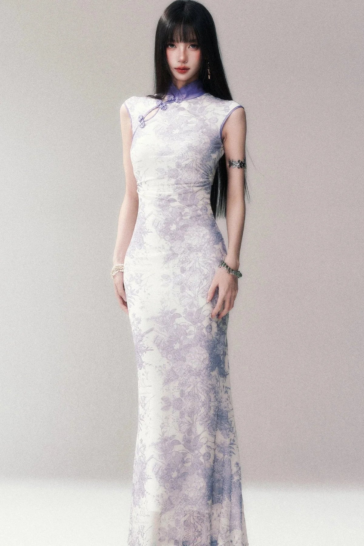 Stretch Mesh Printed Cheongsam Dress
