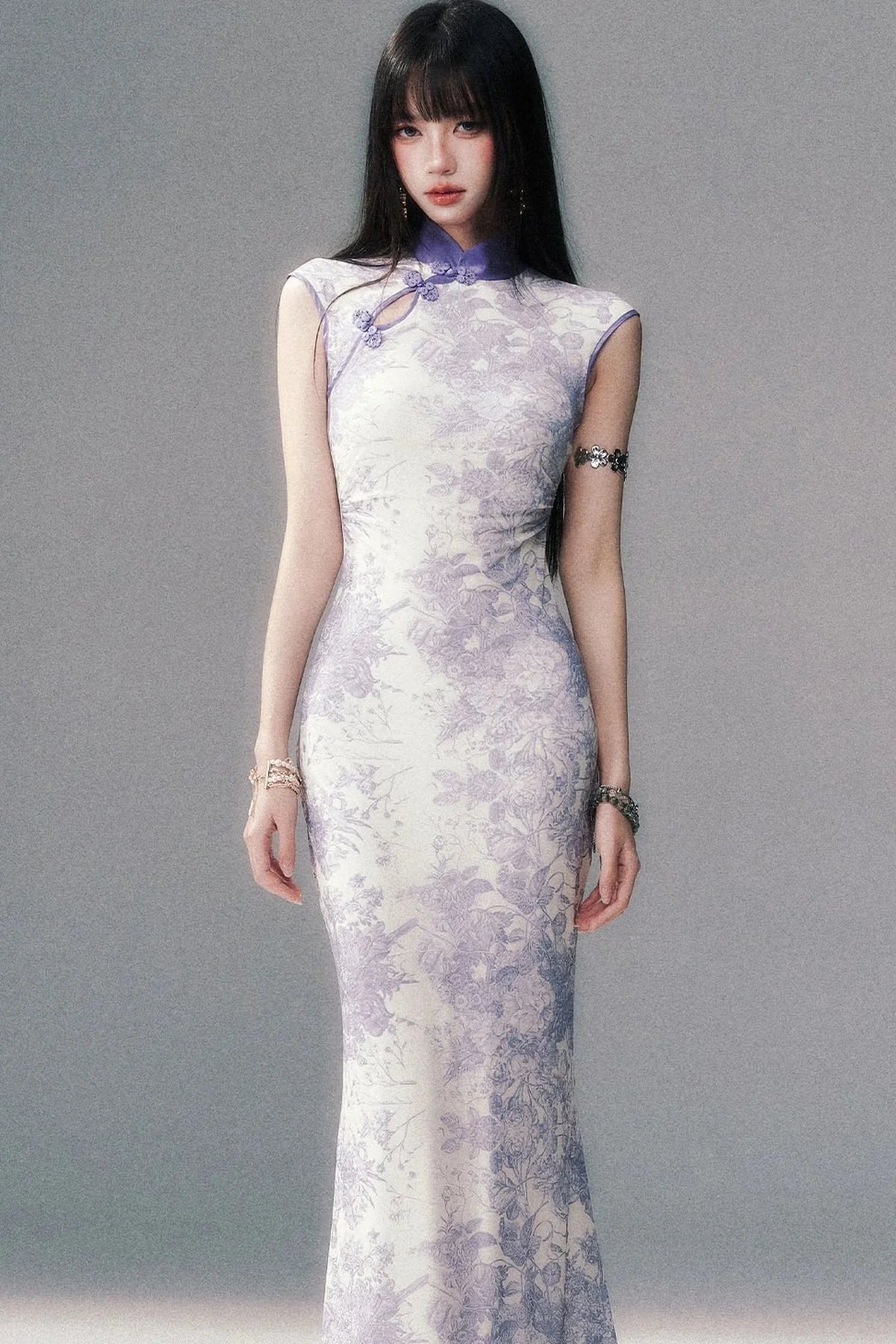 Stretch Mesh Printed Cheongsam Dress