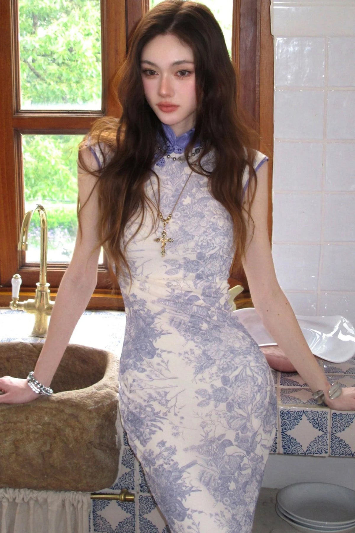 Stretch Mesh Printed Cheongsam Dress