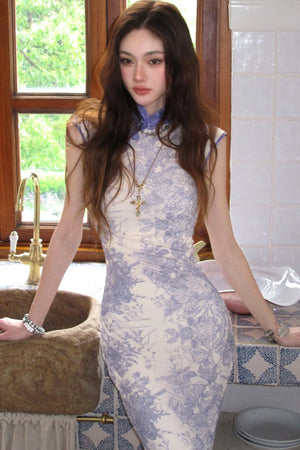 Stretch Mesh Printed Cheongsam Dress