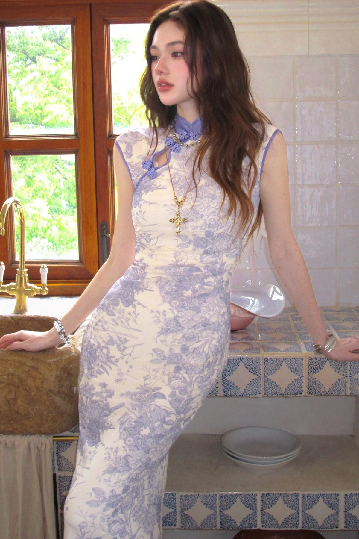 Stretch Mesh Printed Cheongsam Dress