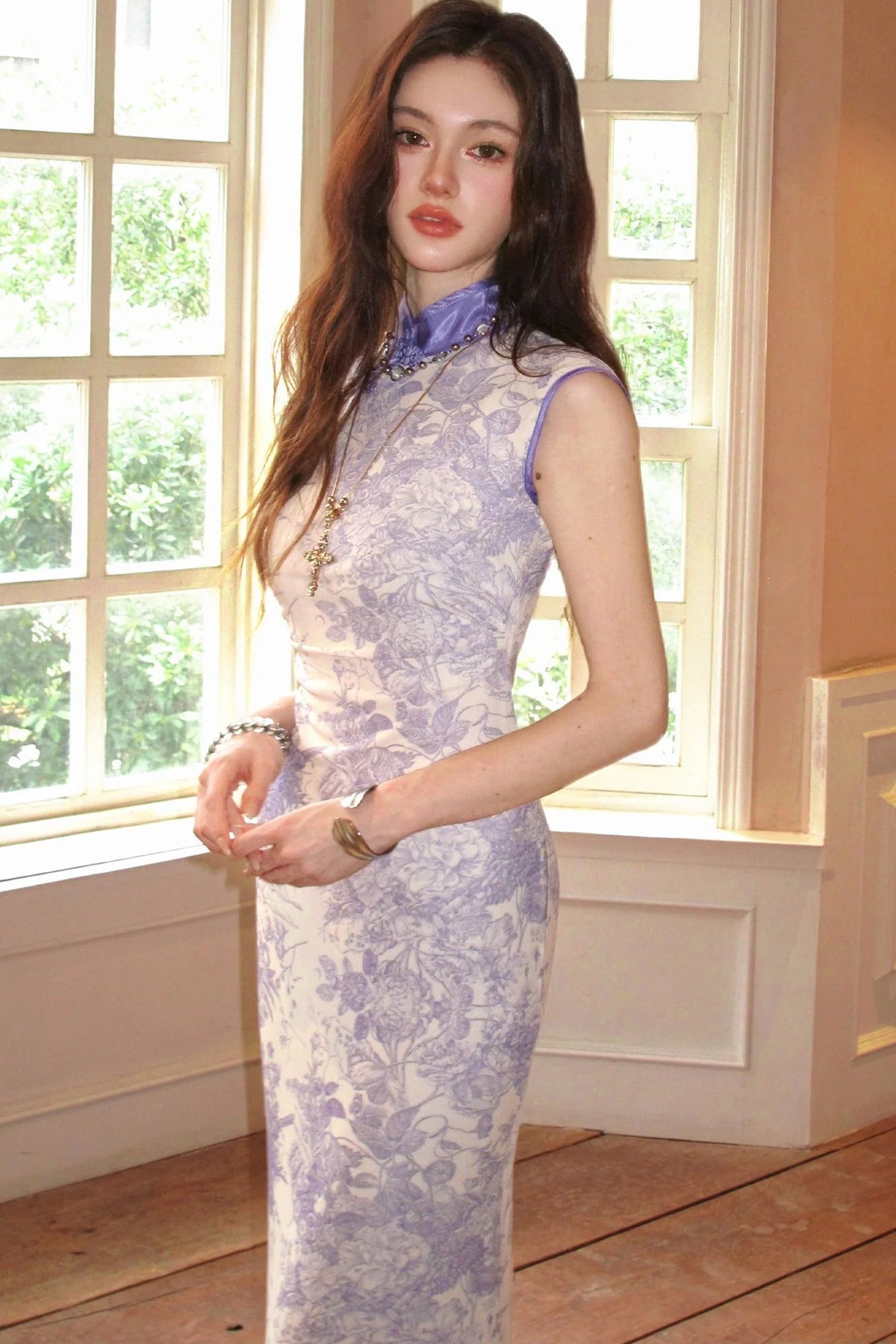 Stretch Mesh Printed Cheongsam Dress