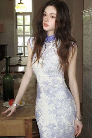 Stretch Mesh Printed Cheongsam Dress