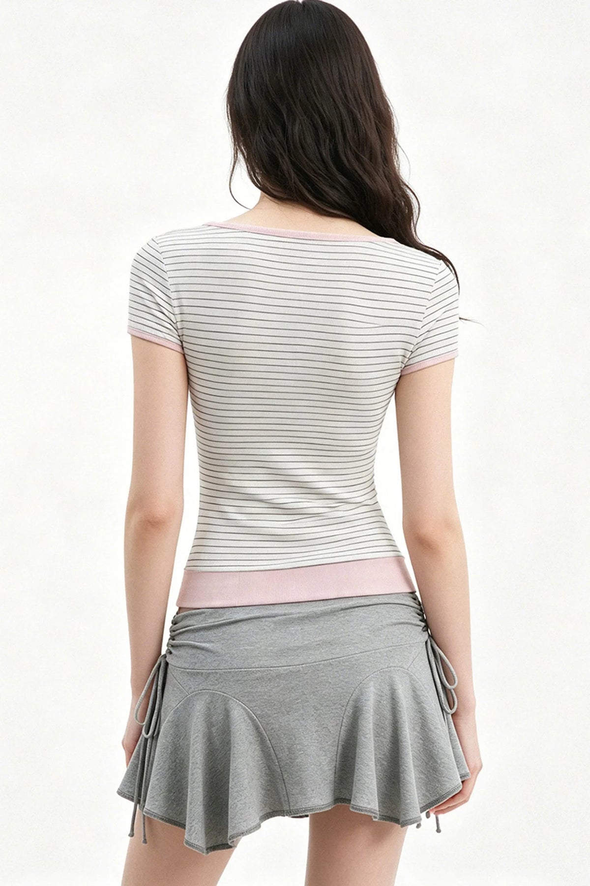 Striped 3-Button Lace Trim Henley Short Sleeve Top