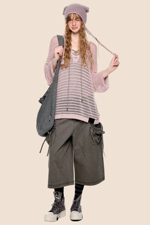 Striped Collar Cut-Out Blouse