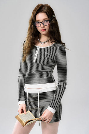 Striped Elegance Black & White Long Sleeve Dress Set-Up