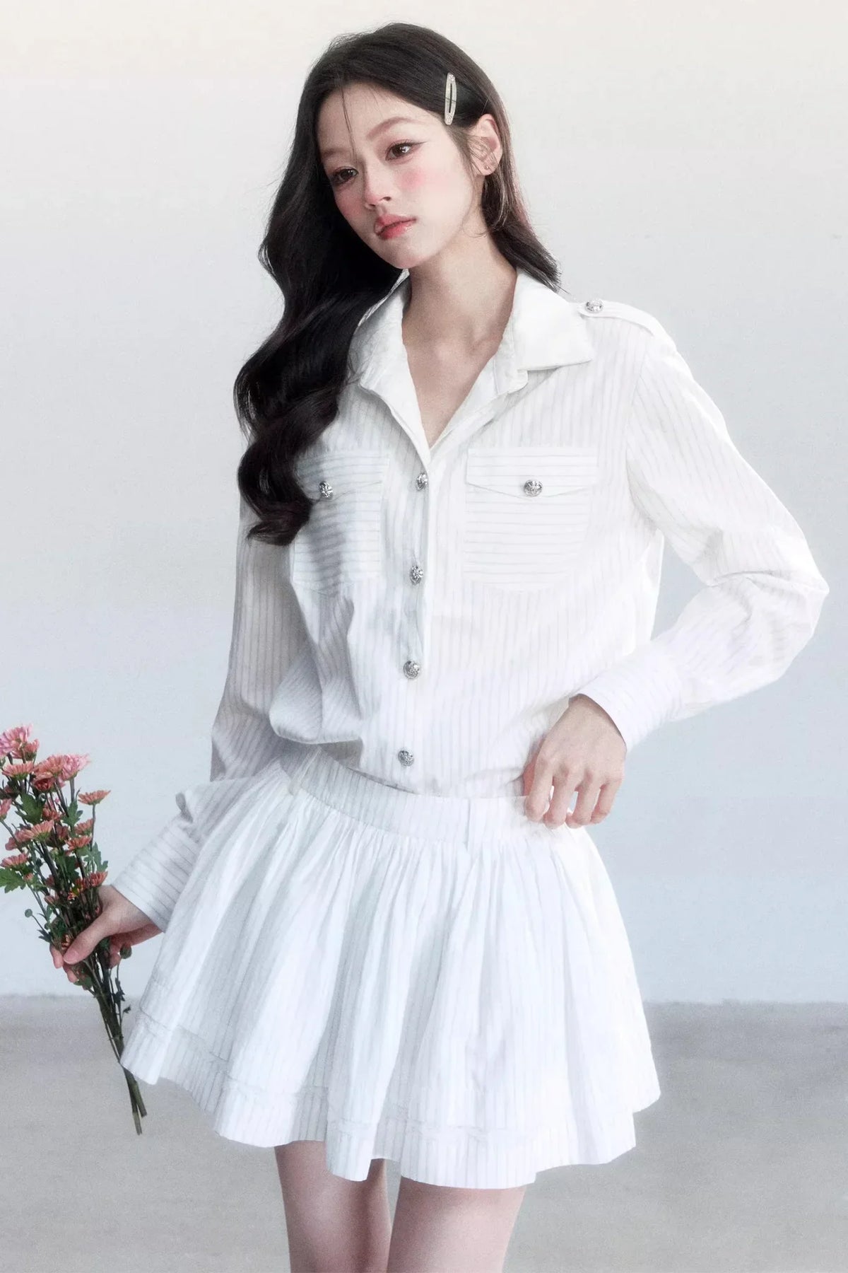 Striped Elegance Shirt Skirt Set-Up