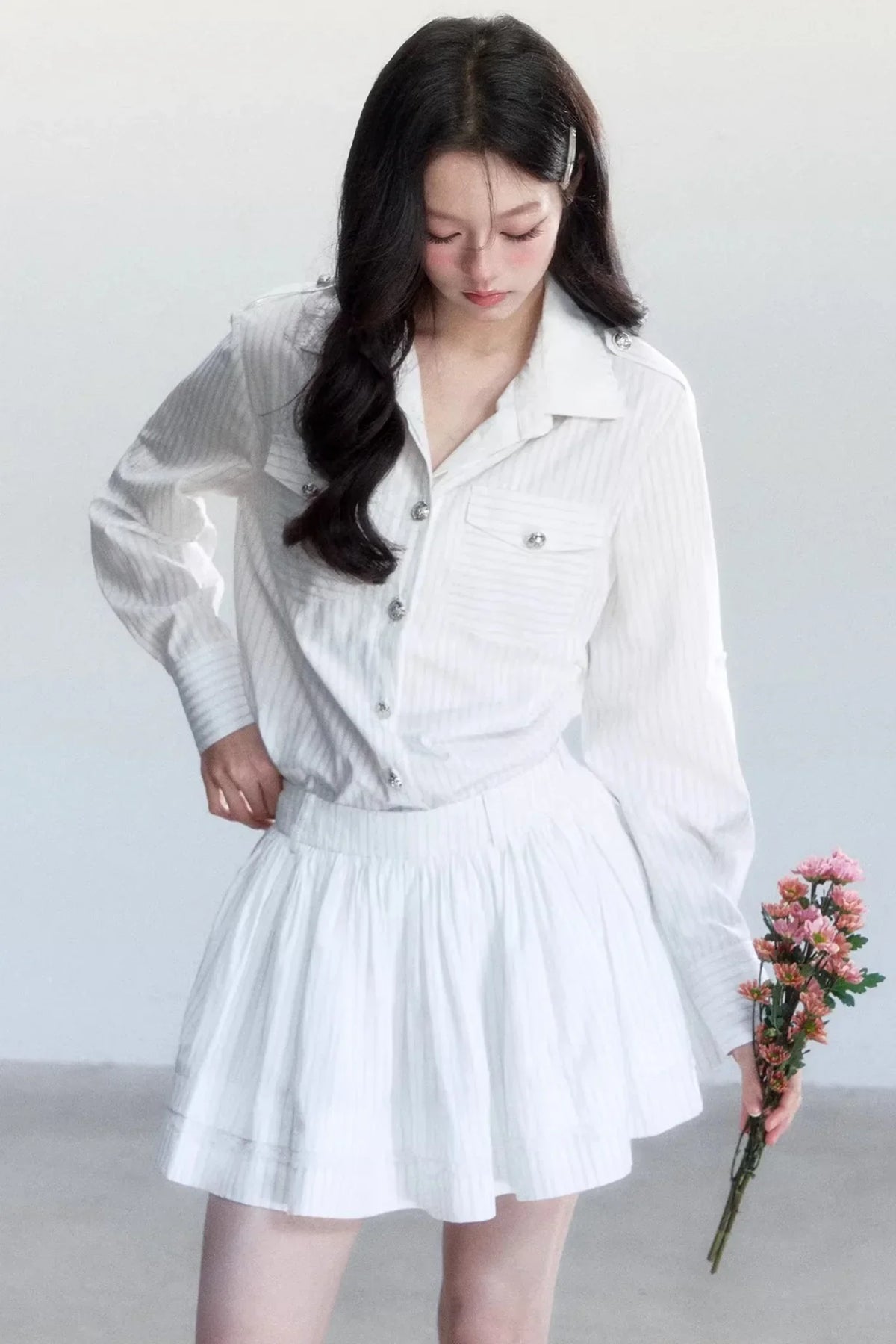 Striped Elegance Shirt Skirt Set-Up