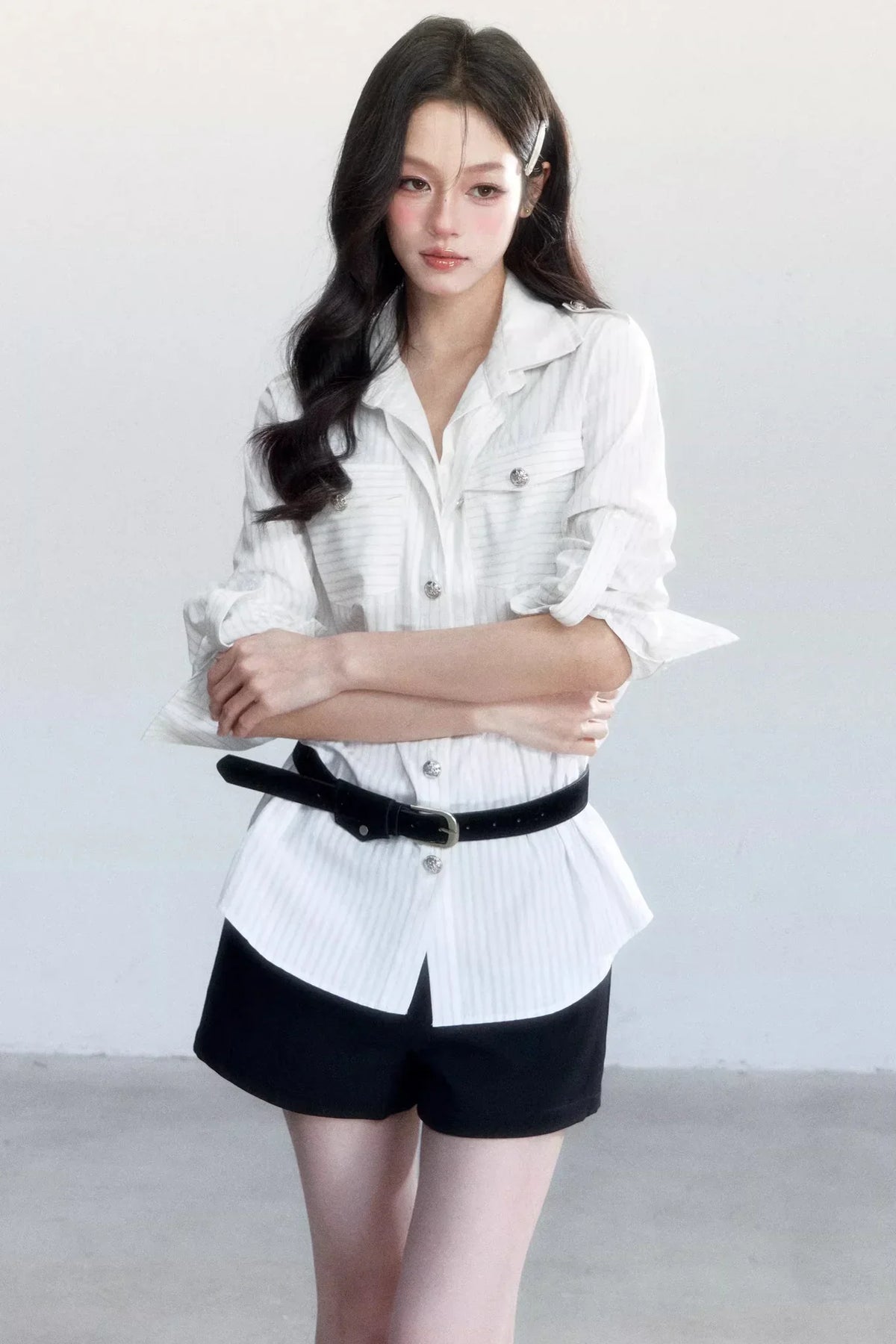 Striped Elegance Shirt Skirt Set-Up