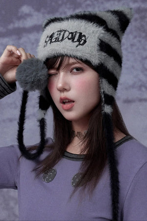 Striped Faux Mink Cat Ear Hat
