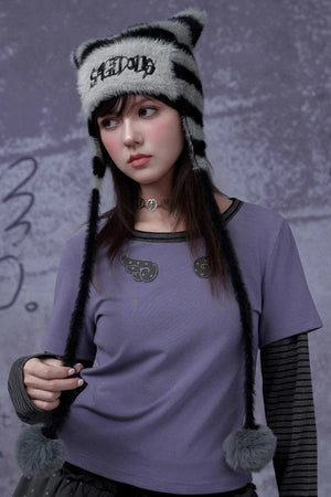 Striped Faux Mink Cat Ear Hat