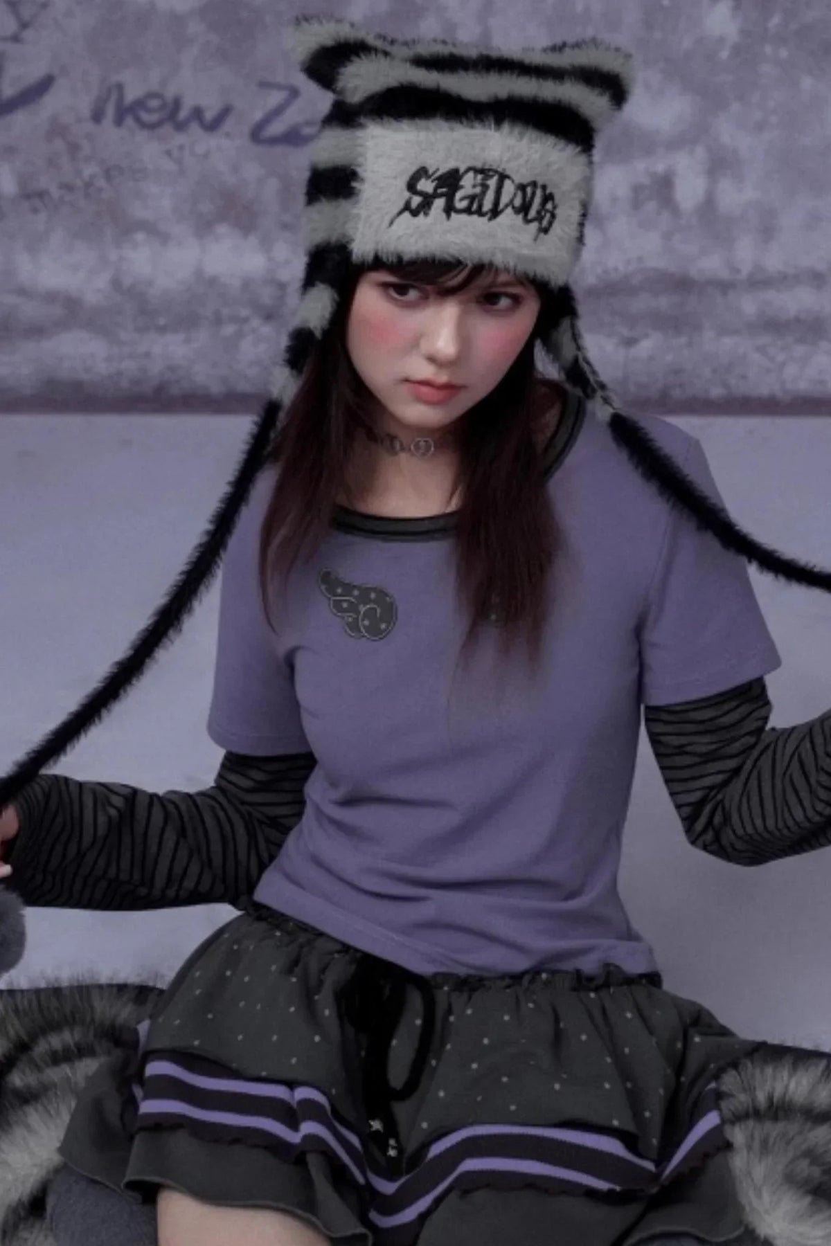 Striped Faux Mink Cat Ear Hat