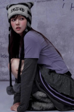 Striped Faux Mink Cat Ear Hat