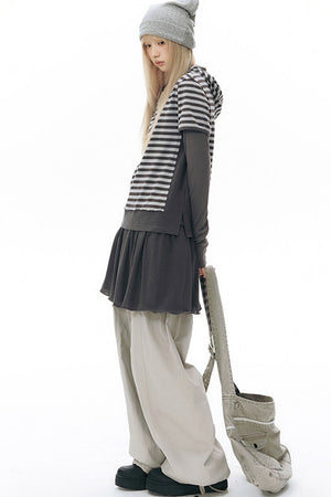 Striped Hooded Knit Short-Sleeve Top