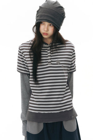 Striped Hooded Knit Short-Sleeve Top