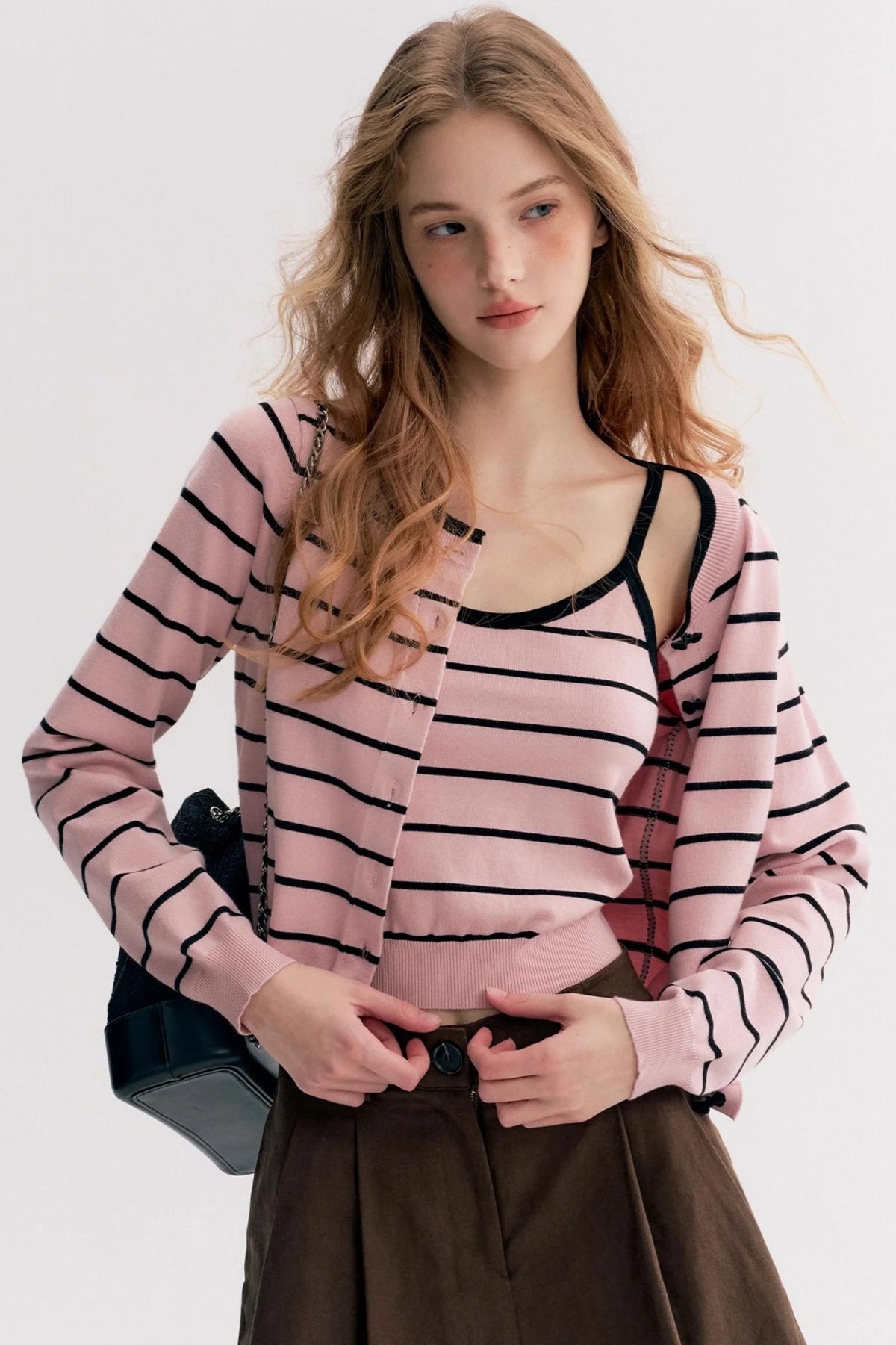 Striped Knit Suspender Cardigan & Top Set