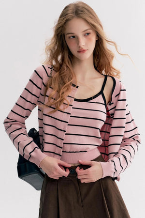 Striped Knit Suspender Cardigan & Top Set