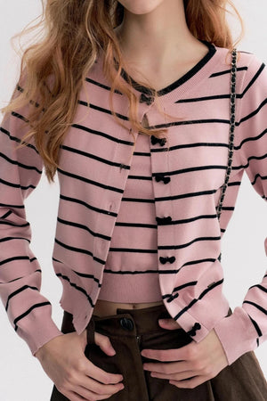 Striped Knit Suspender Cardigan & Top Set