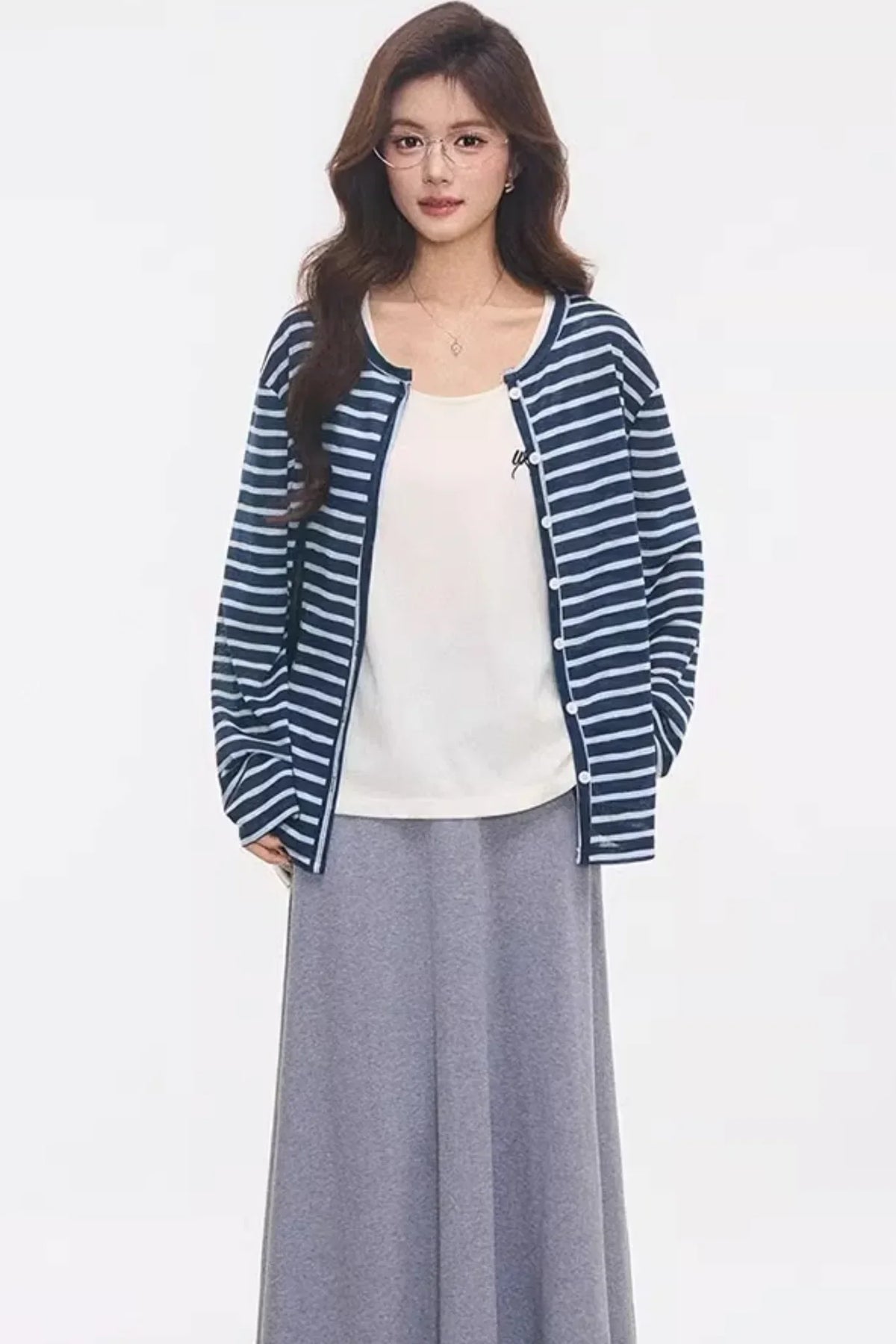 Striped Knitted Cardigan Skirt Set-Up